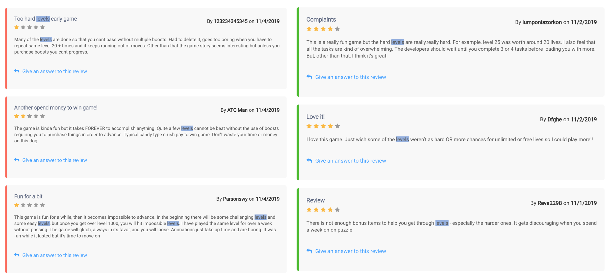 AppTweak ASO Tool - Reviews and Ratings Keyword Sentiment Analysis: Positive and negative reviews for Gardenscapes that contain the keyword “levels”